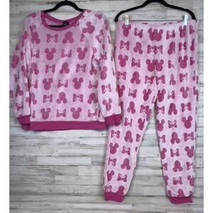 Disney Pink Minnie Mouse Fleece Pajama Set Women’s Large Pullover Lounge EUC